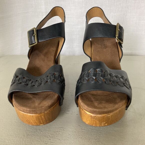 White Mountain Footbeds Altheda Black Sz 9M Block Wood Heels Y2K Sandals Shoes - Picture 4 of 10